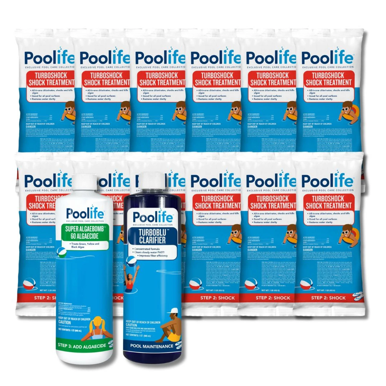 Algae Treatment Bundle For Chlorine Pools With 12 Bags Of Turbo Shock, AlgaeBomb 60 And TurboBlu Clarifier 3 Algae Treatment Bundle For Chlorine Pools With 12 Bags Of Turbo Shock, AlgaeBomb 60 And TurboBlu Clarifier